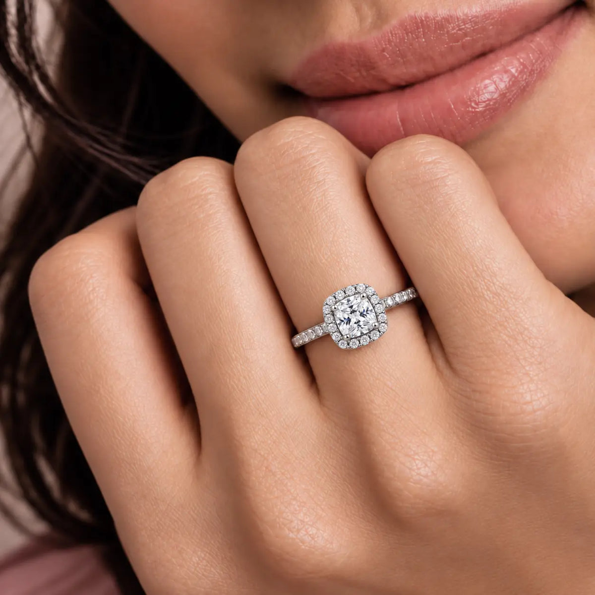 Woman wearing 4 Ct Cushion Cut Lab Grown Diamond Halo Pave Ring by Fortune Jewellery