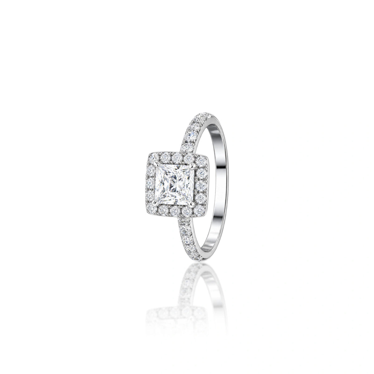 Lab grown 1 Ct Princess Cut Diamond Halo Pave Ring