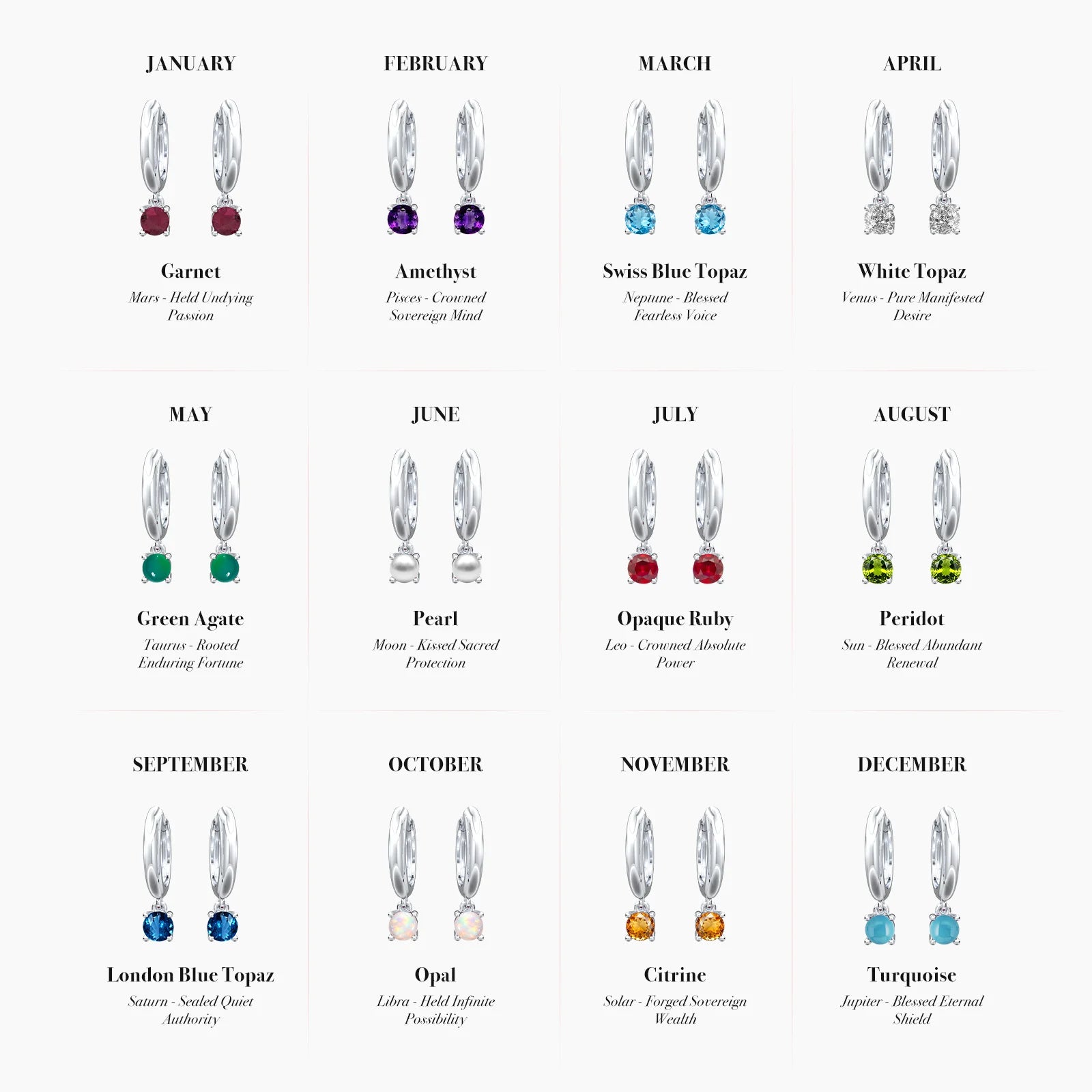 Earring collection with gemstones for each month of the year
